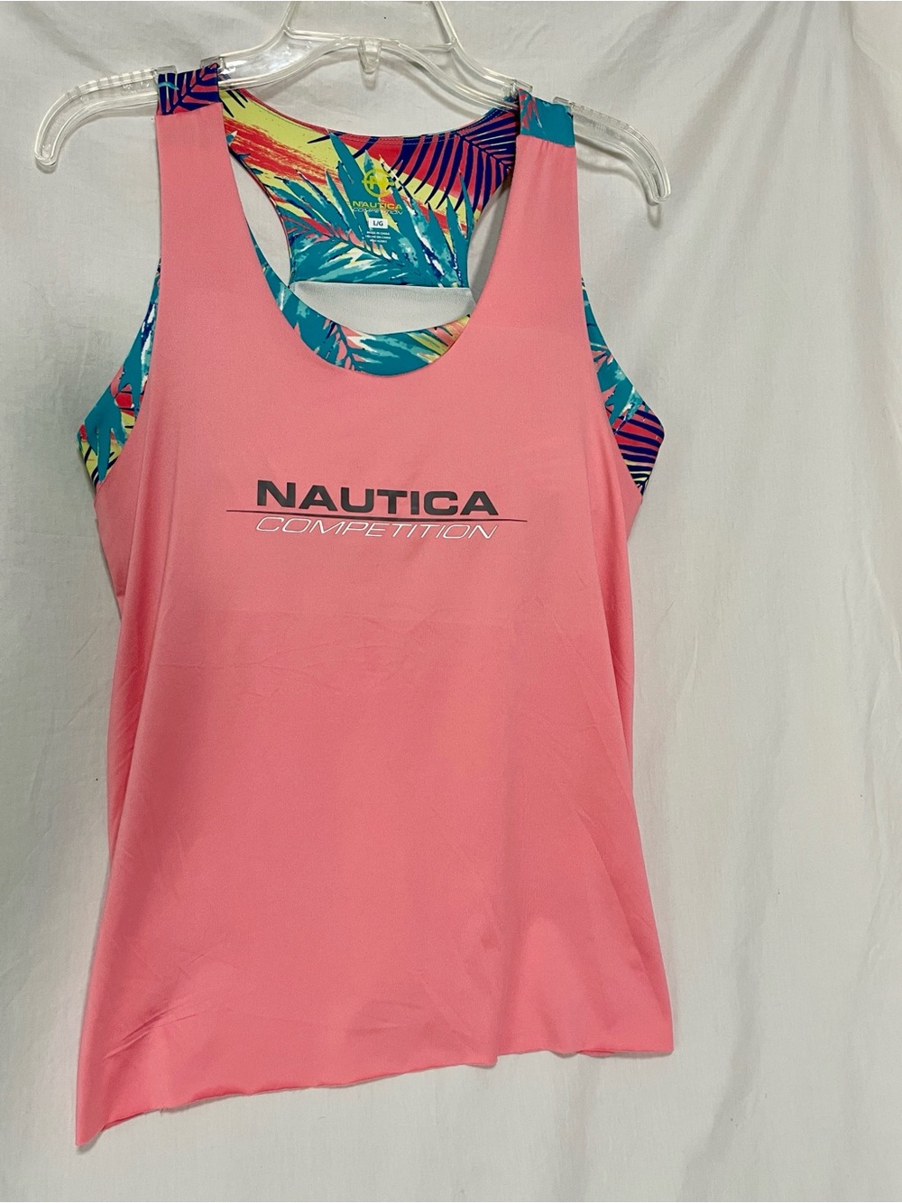 Nautica Competiton Coral Pink Racerback Tank with Tropical Print Liner, Sz Lg